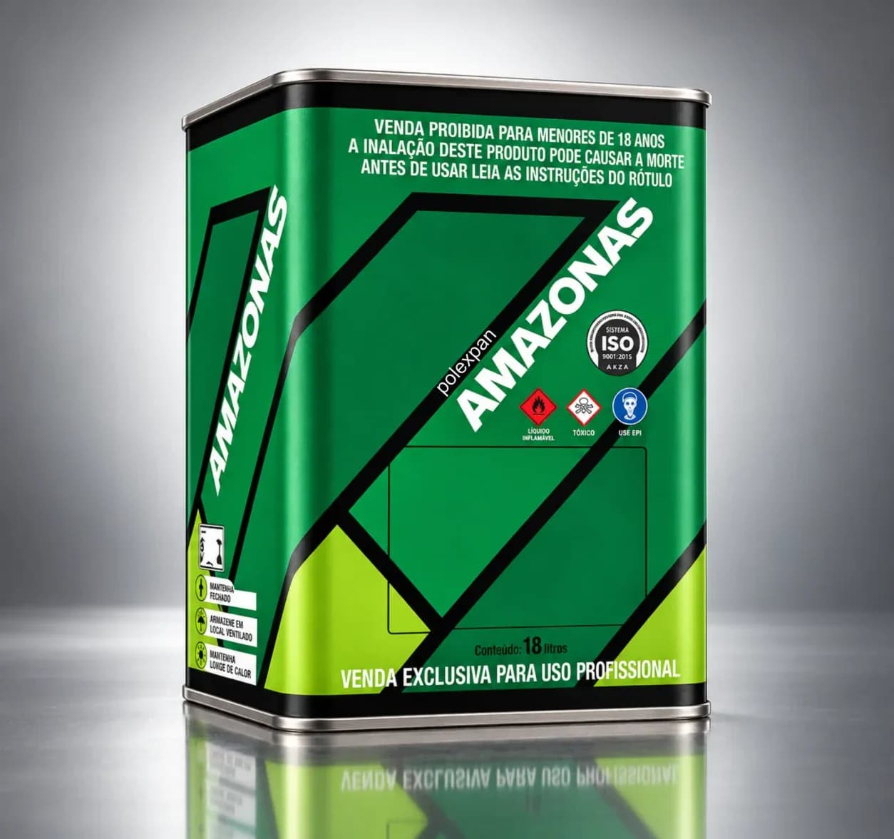 Lata rectangular de 5 galones rotulada «Amazonas» y «contenido: 18 litros», con el sello ISO 9001:2015, los pictogramas de seguridad y la indicación de venta exclusiva para uso profesional.